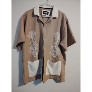 Malibu Mens XL Tan Linen Blend Short Sleeve Floral Embroidered Button Down Shirt
